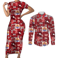 Tahiti Oaoa I Teie Noera Couples Matching Short Sleeve Bodycon Dress and Long Sleeve Button Shirt Pacific Patchwork Xmas Vibes LT9 Red - Polynesian Pride