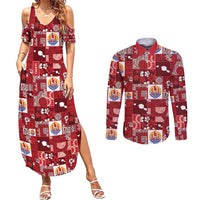 Tahiti Oaoa I Teie Noera Couples Matching Summer Maxi Dress and Long Sleeve Button Shirt Pacific Patchwork Xmas Vibes LT9 Red - Polynesian Pride
