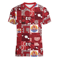 Tahiti Oaoa I Teie Noera Women V-Neck T-Shirt Pacific Patchwork Xmas Vibes LT9 Female Red - Polynesian Pride