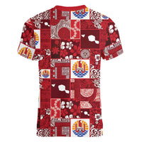 Tahiti Oaoa I Teie Noera Women V-Neck T-Shirt Pacific Patchwork Xmas Vibes LT9 - Polynesian Pride
