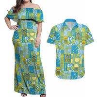 Tuvalu Manuia te Kilisimasi Couples Matching Off Shoulder Maxi Dress and Hawaiian Shirt Pacific Patchwork Xmas Vibes LT9 Green - Polynesian Pride