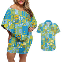 Tuvalu Manuia te Kilisimasi Couples Matching Off Shoulder Short Dress and Hawaiian Shirt Pacific Patchwork Xmas Vibes LT9 Green - Polynesian Pride