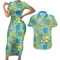 Tuvalu Manuia te Kilisimasi Couples Matching Short Sleeve Bodycon Dress and Hawaiian Shirt Pacific Patchwork Xmas Vibes - Polynesian Pride