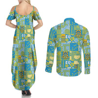 Tuvalu Manuia te Kilisimasi Couples Matching Summer Maxi Dress and Long Sleeve Button Shirt Pacific Patchwork Xmas Vibes - Polynesian Pride