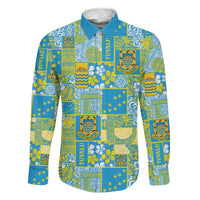 Tuvalu Manuia te Kilisimasi Family Matching Off Shoulder Short Dress and Hawaiian Shirt Pacific Patchwork Xmas Vibes LT9 Dad's Shirt - Long Sleeve Green - Polynesian Pride