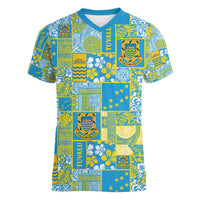 Tuvalu Manuia te Kilisimasi Women V-Neck T-Shirt Pacific Patchwork Xmas Vibes - Polynesian Pride