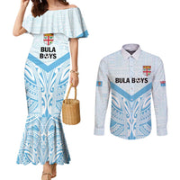 Fiji Football Custom Couples Matching Mermaid Dress and Long Sleeve Button Shirt Bula Boys Go Champions LT9 Blue - Polynesian Pride