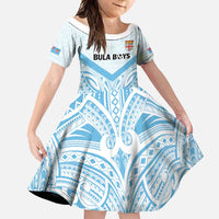 Fiji Football Custom Family Matching Long Sleeve Bodycon Dress and Hawaiian Shirt Bula Boys Go Champions LT9 Daughter's Dress Blue - Polynesian Pride
