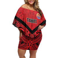 Tahiti Football Custom Family Matching Off Shoulder Short Dress and Hawaiian Shirt Toa Aito Go Champions LT9 Mom's Dress Red - Polynesian Pride