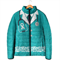 New Zealand Nurses Week Padded Jacket Maori Kowhaiwhai Cyan Tribal