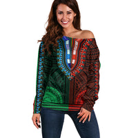 African Dashiki Off Shoulder Sweater With Polynesian Pattern - Half Green and Red LT9 Women Green and Red - Polynesian Pride