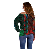 African Dashiki Off Shoulder Sweater With Polynesian Pattern - Half Green and Red LT9 - Polynesian Pride