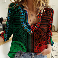 African Dashiki Women Casual Shirt With Polynesian Pattern - Half Green and Red LT9 Female Green and Red - Polynesian Pride