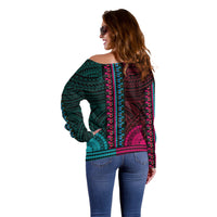 African Dashiki Off Shoulder Sweater With Polynesian Pattern - Half Teal and Pink LT9 - Polynesian Pride