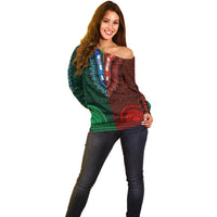 African Dashiki Off Shoulder Sweater With Tapa Pattern - Half Green and Red LT9 - Polynesian Pride