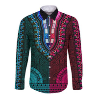 African Dashiki Long Sleeve Button Shirt With Tapa Pattern - Half Teal and Pink LT9 Unisex Teal and Pink - Polynesian Pride