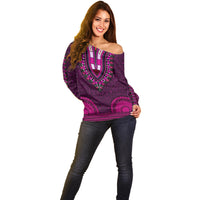 African Dashiki Off Shoulder Sweater With Tapa Pattern - Pink LT9 - Polynesian Pride