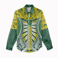 Cook Islands 1965 National Pride Women Casual Shirt Green Yellow Tribal Pattern LT9 - Polynesian Pride