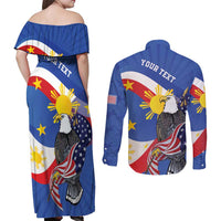 Personalized Filipino-American Couples Matching Off Shoulder Maxi Dress and Long Sleeve Button Shirt Philippines Coat Of Arms with Bald Eagle