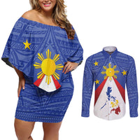 Personalized Pilipinas Eight-Rayed Sun Couples Matching Off Shoulder Short Dress and Long Sleeve Button Shirt Philippines Map With Polynesian Style