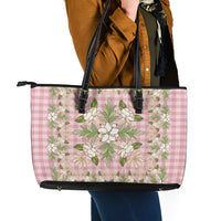 Squares Maile Leaf Leather Tote Bag Pink Palaka Hawaiian Quilt Pattern LT9 - Polynesian Pride