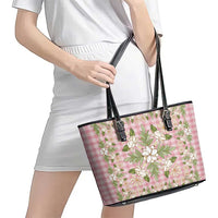 Squares Maile Leaf Leather Tote Bag Pink Palaka Hawaiian Quilt Pattern LT9 - Polynesian Pride