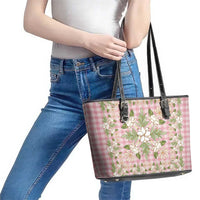 Squares Maile Leaf Leather Tote Bag Pink Palaka Hawaiian Quilt Pattern LT9 - Polynesian Pride