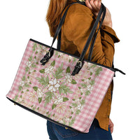 Squares Maile Leaf Leather Tote Bag Pink Palaka Hawaiian Quilt Pattern LT9 - Polynesian Pride