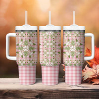 Squares Maile Leaf Tumbler With Handle Pink Palaka Hawaiian Quilt Pattern - Polynesian Pride