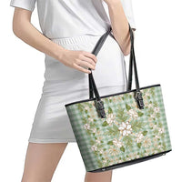 Squares Maile Leaf Leather Tote Bag Turquoise Palaka Hawaiian Quilt Pattern LT9 - Polynesian Pride