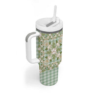 Squares Maile Leaf Tumbler With Handle Turquoise Palaka Hawaiian Quilt Pattern - Polynesian Pride