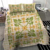 Squares Puakenikeni and Kalo Bedding Set Beige Palaka Hawaiian Quilt Pattern - Polynesian Pride