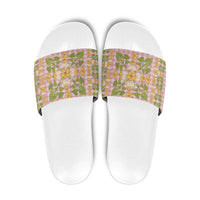 Squares Puakenikeni and Kalo Slide Sandals Pink Palaka Hawaiian Quilt Pattern - Polynesian Pride