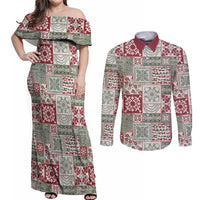 Mele Kalikimaka Hawaii Christmas Couples Matching Off Shoulder Maxi Dress and Long Sleeve Button Shirt Aloha Spirit with Hawaiian Quilt Pattern - Polynesian Pride