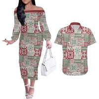 Mele Kalikimaka Hawaii Christmas Couples Matching Off The Shoulder Long Sleeve Dress and Hawaiian Shirt Aloha Spirit with Hawaiian Quilt Pattern - Polynesian Pride