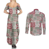 Mele Kalikimaka Hawaii Christmas Couples Matching Summer Maxi Dress and Long Sleeve Button Shirt Aloha Spirit with Hawaiian Quilt Pattern - Polynesian Pride