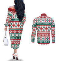 Mele Kalikimaka Hawaii Christmas Couples Matching Off The Shoulder Long Sleeve Dress and Long Sleeve Button Shirt Hawaiian Quilt Pattern Style - Polynesian Pride
