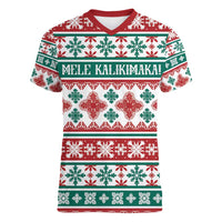 Mele Kalikimaka Hawaii Christmas Women V-Neck T-Shirt Hawaiian Quilt Pattern Style - Polynesian Pride