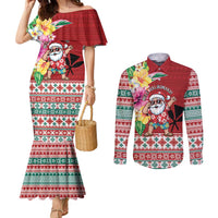 Santa Surf Mele Kalikimaka Personalized Couples Matching Mermaid Dress and Long Sleeve Button Shirt Aloha Tropical Christmas Vibes - Polynesian Pride