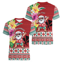 Santa Surf Mele Kalikimaka Personalized Women V-Neck T-Shirt Aloha Tropical Christmas Vibes - Polynesian Pride