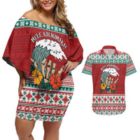Shaka Sign Skull Mele Kalikimaka Personalized Couples Matching Off Shoulder Short Dress and Hawaiian Shirt Hawaiian Quilt Pattern - Polynesian Pride