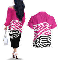 All Pink New Zealand Kowhai Ngutukak Couples Matching Off The Shoulder Long Sleeve Dress and Hawaiian Shirt - Polynesian Pride
