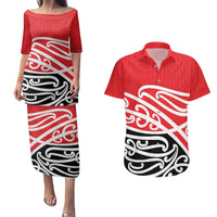 All Red New Zealand Kowhai Ngutukak Couples Matching Puletasi and Hawaiian Shirt - Polynesian Pride