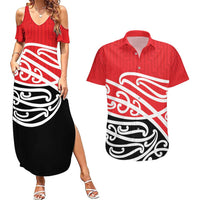 All Red New Zealand Kowhai Ngutukak Couples Matching Summer Maxi Dress and Hawaiian Shirt - Polynesian Pride