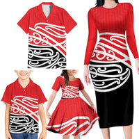 All Red New Zealand Kowhai Ngutukak Family Matching Long Sleeve Bodycon Dress and Hawaiian Shirt - Polynesian Pride