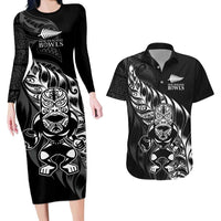 New Zealand Lawn Bowls Custom Couples Matching Long Sleeve Bodycon Dress and Hawaiian Shirt Black Maori Warrior Tribal Silver Fern - Polynesian Pride