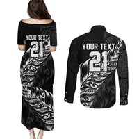 New Zealand Lawn Bowls Custom Couples Matching Puletasi and Long Sleeve Button Shirt Black Maori Warrior Tribal Silver Fern - Polynesian Pride