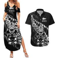 New Zealand Lawn Bowls Custom Couples Matching Summer Maxi Dress and Hawaiian Shirt Black Maori Warrior Tribal Silver Fern - Polynesian Pride