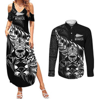 New Zealand Lawn Bowls Custom Couples Matching Summer Maxi Dress and Long Sleeve Button Shirt Black Maori Warrior Tribal Silver Fern - Polynesian Pride