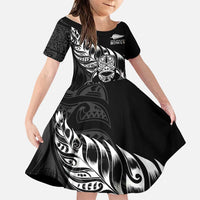New Zealand Lawn Bowls Custom Family Matching Off The Shoulder Long Sleeve Dress and Hawaiian Shirt Black Maori Warrior Tribal Silver Fern LT9 Daughter's Dress Black - Polynesian Pride